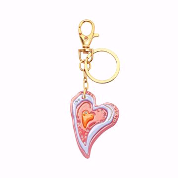 Hjerteformet nøkkelring i nydelige rosa- og lillatoner. Dekorert med rhinstener. Laget i acetat. 